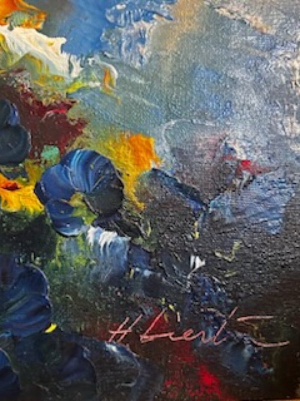 Vintage Original Impasto Oil Painting Blue Floral Bouquet Signed - Picture 2 of 16